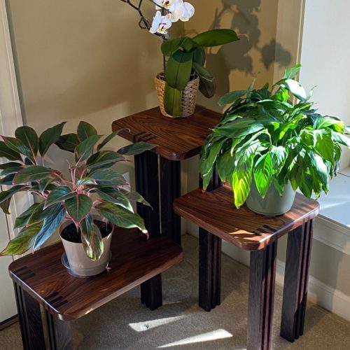 Figured Sapele wood with Wenge wood legs, in a multi-level platform for display or plants.