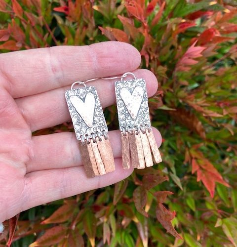 Silver and copper hammered heart earrings with copper fringe