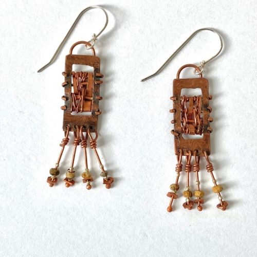 woven copper earrings with jasper stones