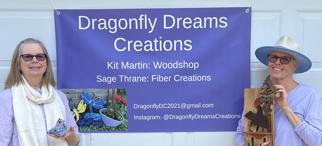 Kit and Sage of Dragonfly Dreams Creations Two women with banner
