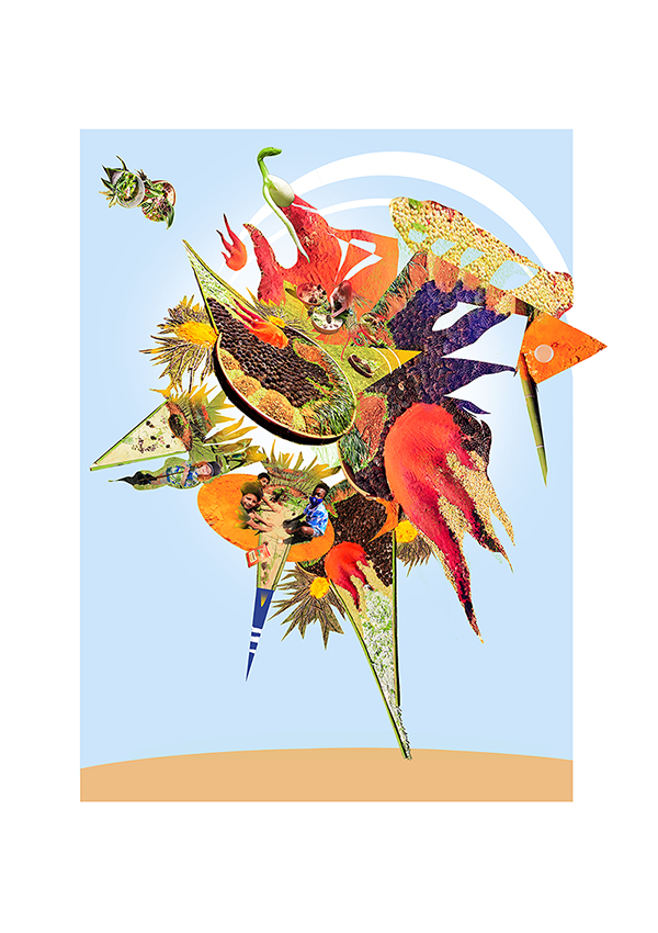 Earthen Spark, archival inkjet print 2024 digital collage of Crista Terra from at Charlotte Earthday, includes people and several views to make a new collage form
